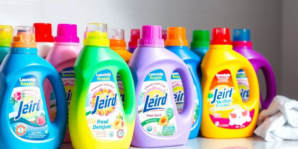 Colorful laundry detergent bottles with enticing fragrance labels.
