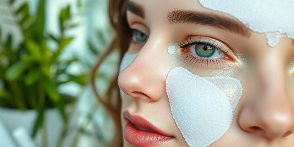 Woman wearing natural under eye patches with greenery background.