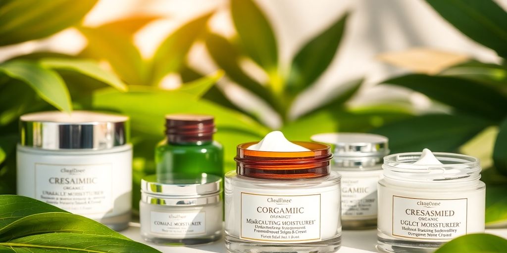 Organic moisturizers in jars with green leaves background.